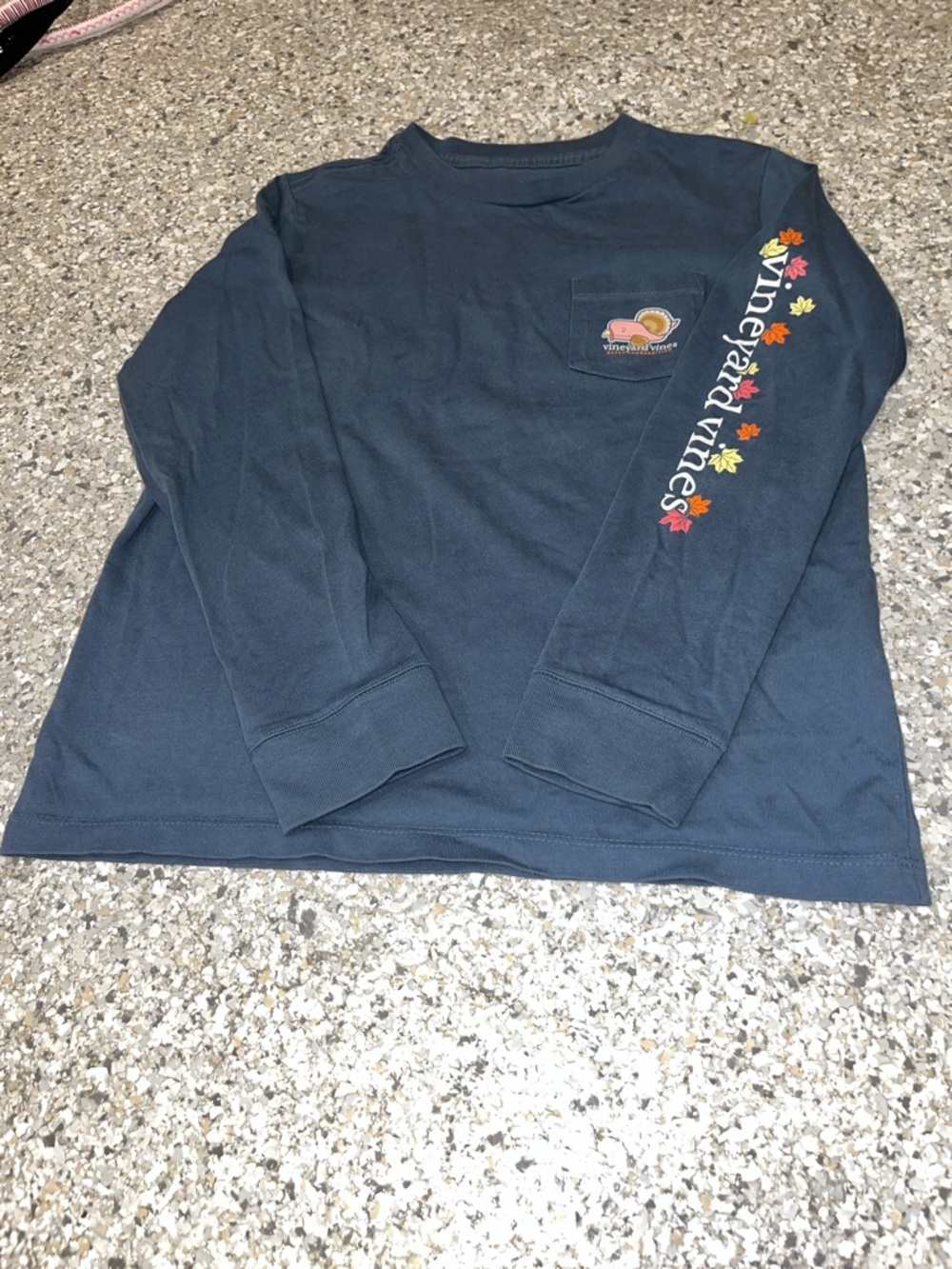 Vineyard Vines Kids Navy Long-Sleeve Pocket Tee with Fall Leaf Sleeve Print